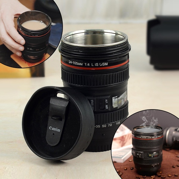 camera lens mug, novelty coffee mug, travel mug, insulated cup, lens shaped mug, product demo, lifestyle, minimalist, playful, fresh, neutral, black